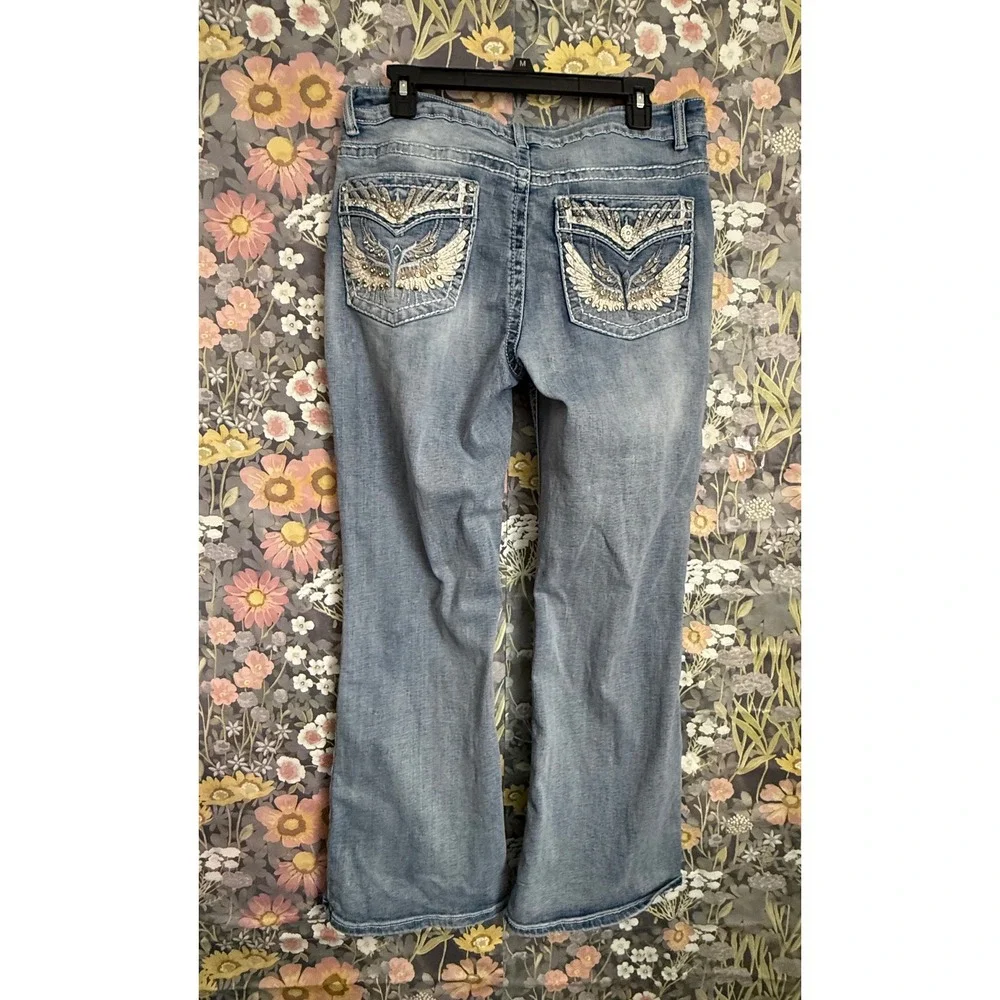 Womens Embellished Bootcut Jeans Light Wash Rhinestone Wings Size M